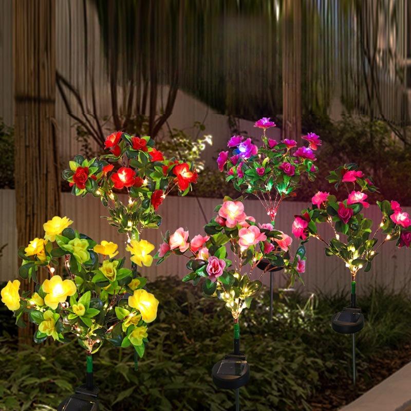 Solar Azalea Flower Garden Lights Outdoor Waterproof Warm White LED Stake Lamp for Yard Lawn Patio Pathway Landscape Decoration