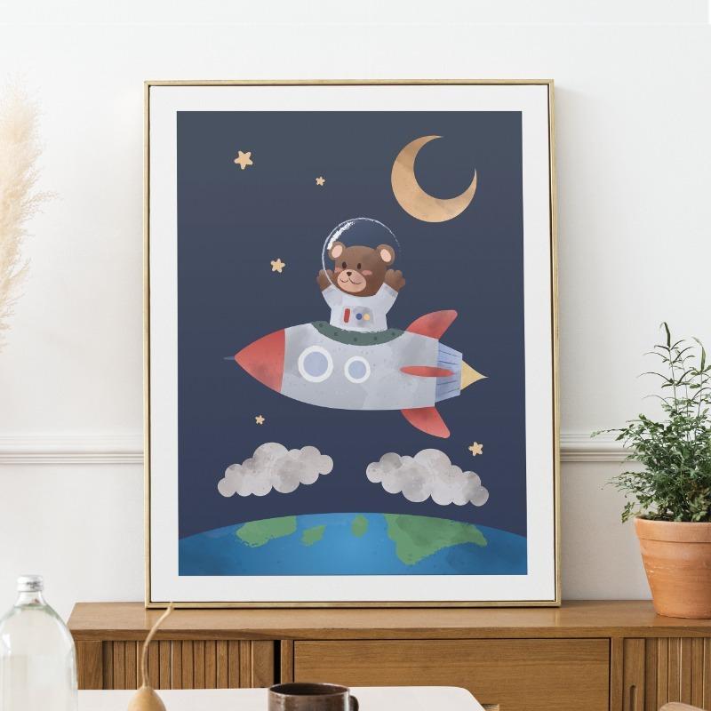 Arte da Parete per Cameretta Galassia Cartone Animato Avventura Spaziale Razzo Astronauta Balena Pianeti Stampa su Tela Spazio Esterno a Tema Decorazione per Stanza dei Bambini