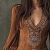 New Fashion Long-sleeved V-neck Sexy Dress Casual Women's Embroidery Dress