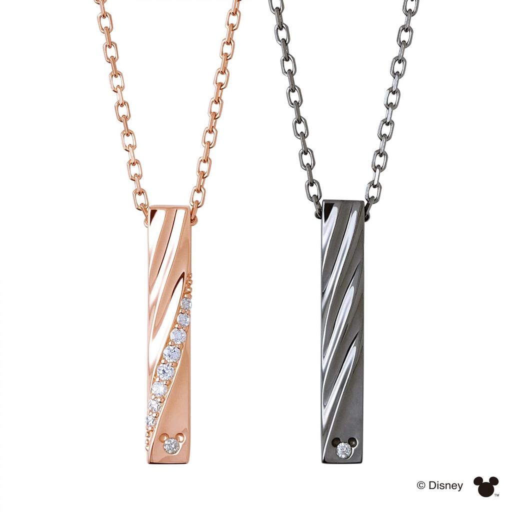 THE KISS Disney Hidden Mickey Diamond Silver Pair Necklace DI-SN514DM-515DM - Pink & Black Twisted Bar Top for Couples, Gift Box