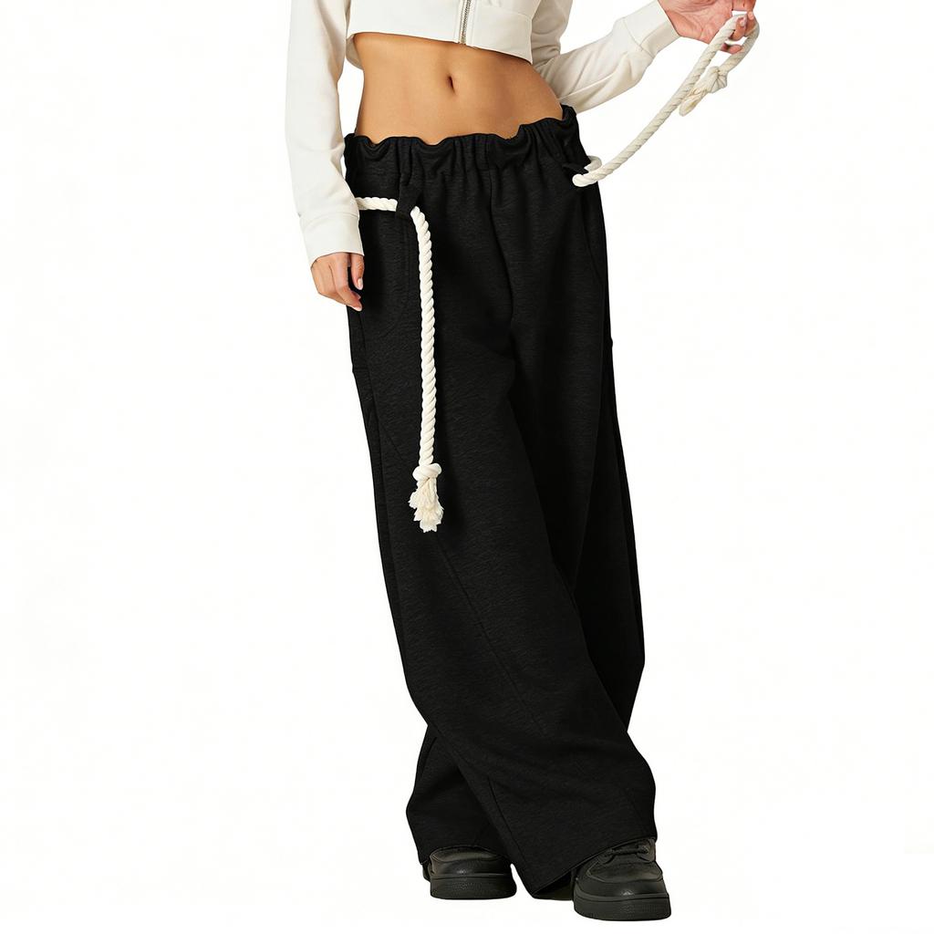Women's Vintage Drawstring Sweatpants With Heart Embroidery Wide-Leg Curved-Hem Pants Loose-Fit Casual Sweatpants Long Pants