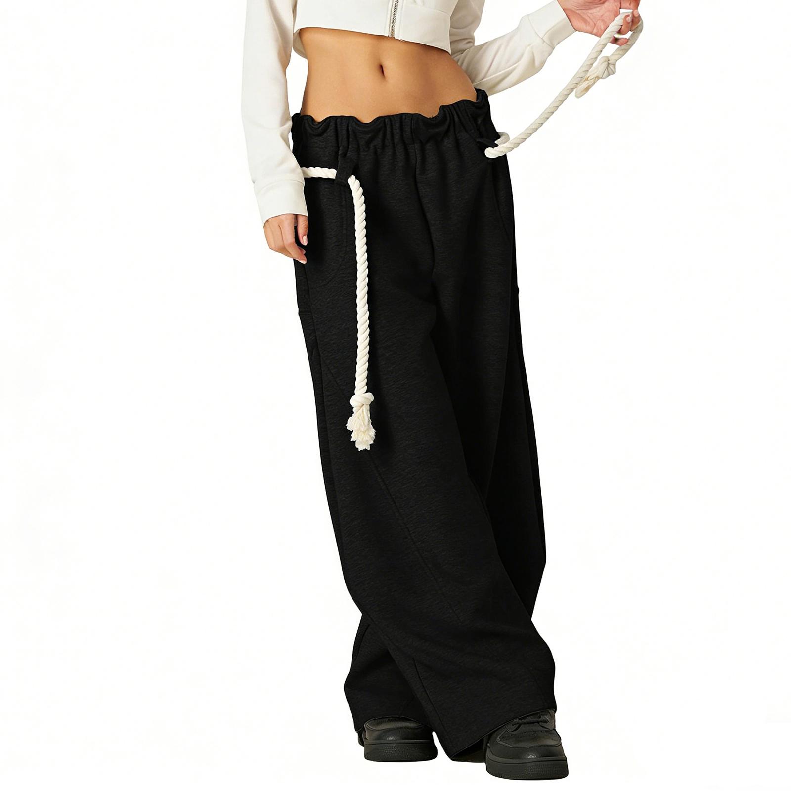 Women s Vintage Drawstring Sweatpants With Heart Embroidery Wide-Leg Curved-Hem Pants Loose-Fit Casual Sweatpants Long Pants L