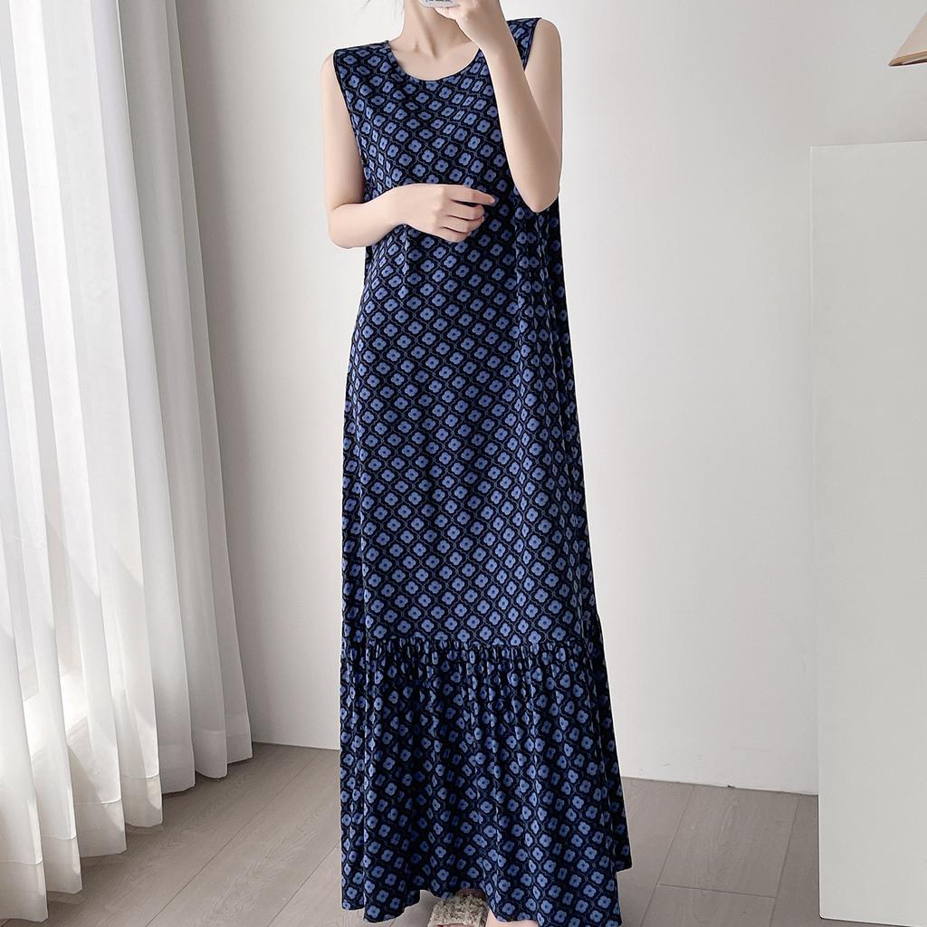 Robe de nuit sans manches en coton et soie pour femme, été, idyllique, ample, grande taille, peut être portée dehors, jupe fishtail en coton artificiel à fleurs