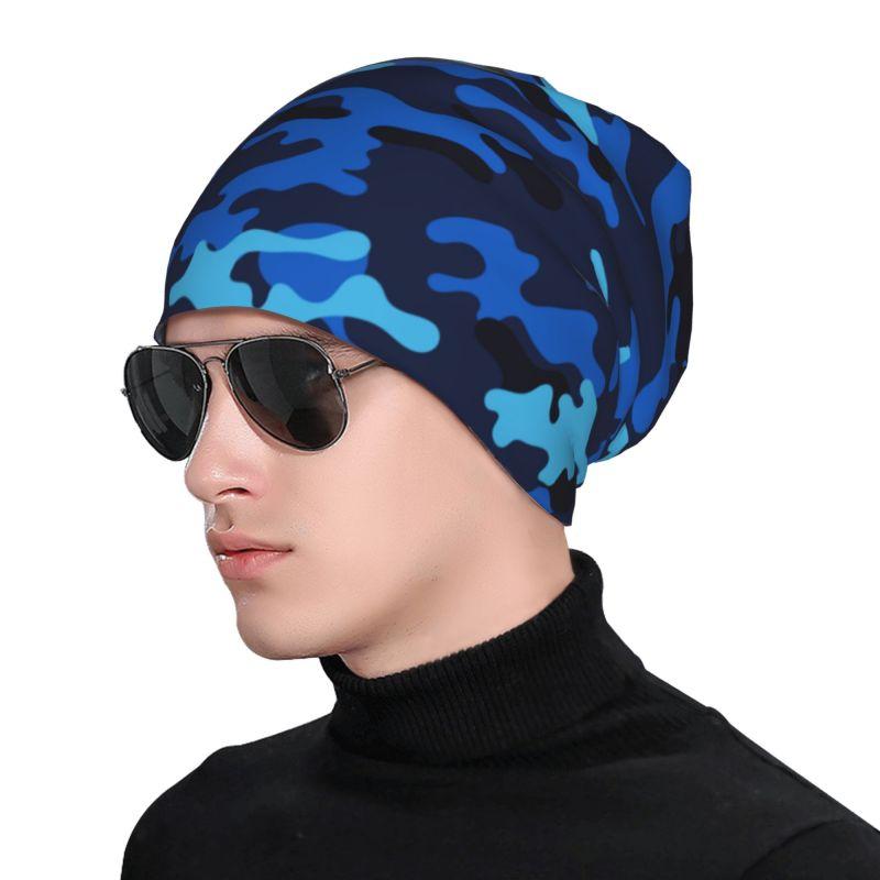 Blue Camouflage Pattern Beanie Hat Women Men Warm Bonnet Cap Adults Knitted Hat Headwear Vintage Street Skullies Beanies