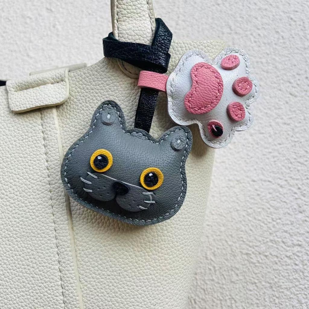 Handmade Grey Sheepskin Leather Cat Keychain - Cute Kitty Bag Charm, Genuine Leather Purse Accessory Gift for Women
