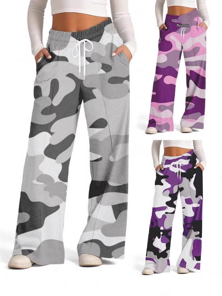 Damen Europäische & Amerikanische Camouflage Weitbeinige, Gerade Sportliche Freizeit-Hose