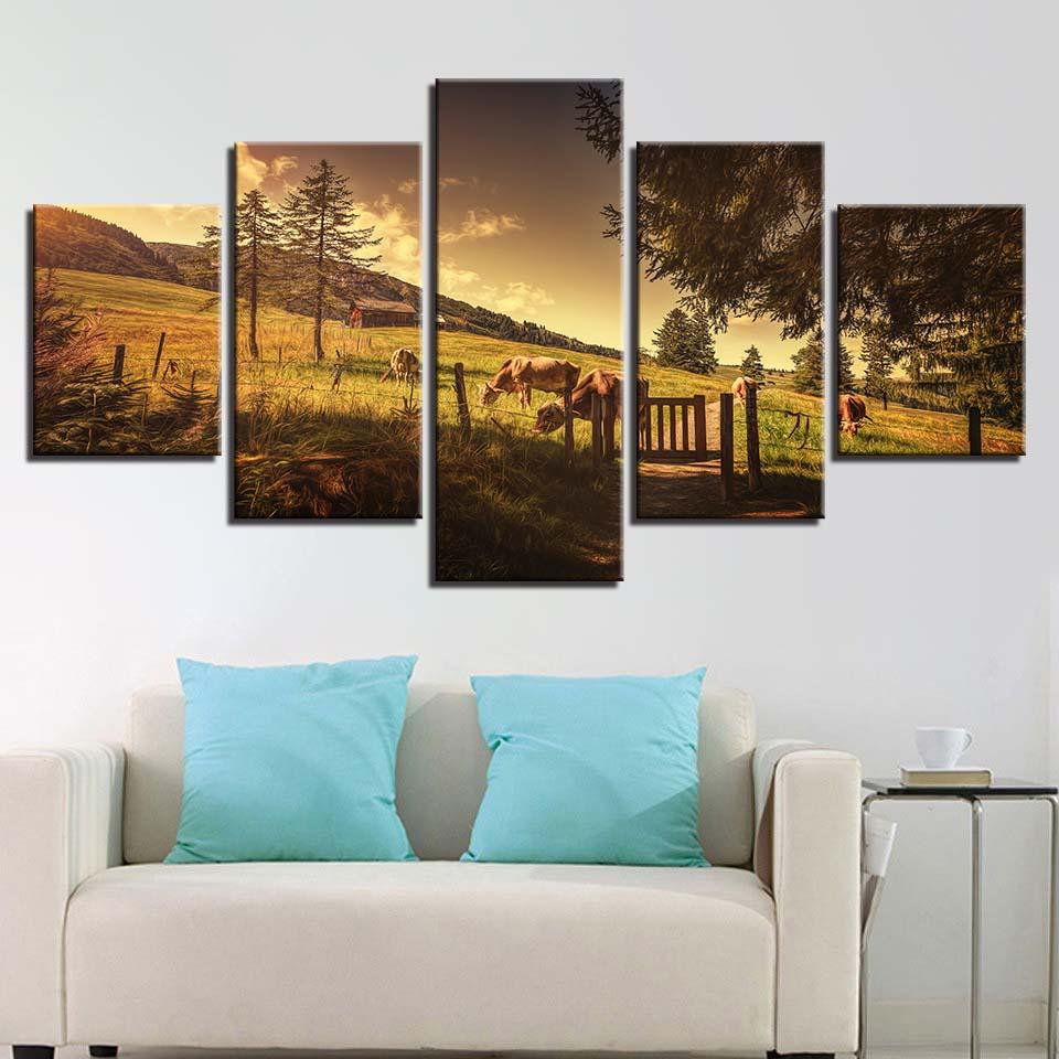 HD Prints Canvas Painting for Home Decoration, Wall Art, Modular Pictures, Cow, Animal, Tree Artwork, Living Room, 5 PCs
