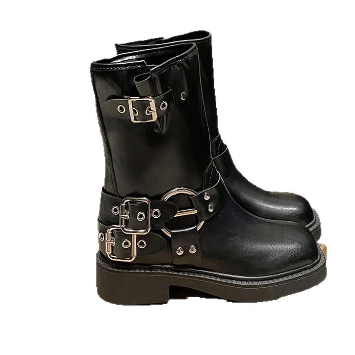 Läder Mocka Vintage Litet Fyrkantigt Huvud Två Bär Vik Tjock Klack Bältesspänne Mellanhöga Stövlar Dam Höst och Vinter Martin Stövlar Korta Stövlar