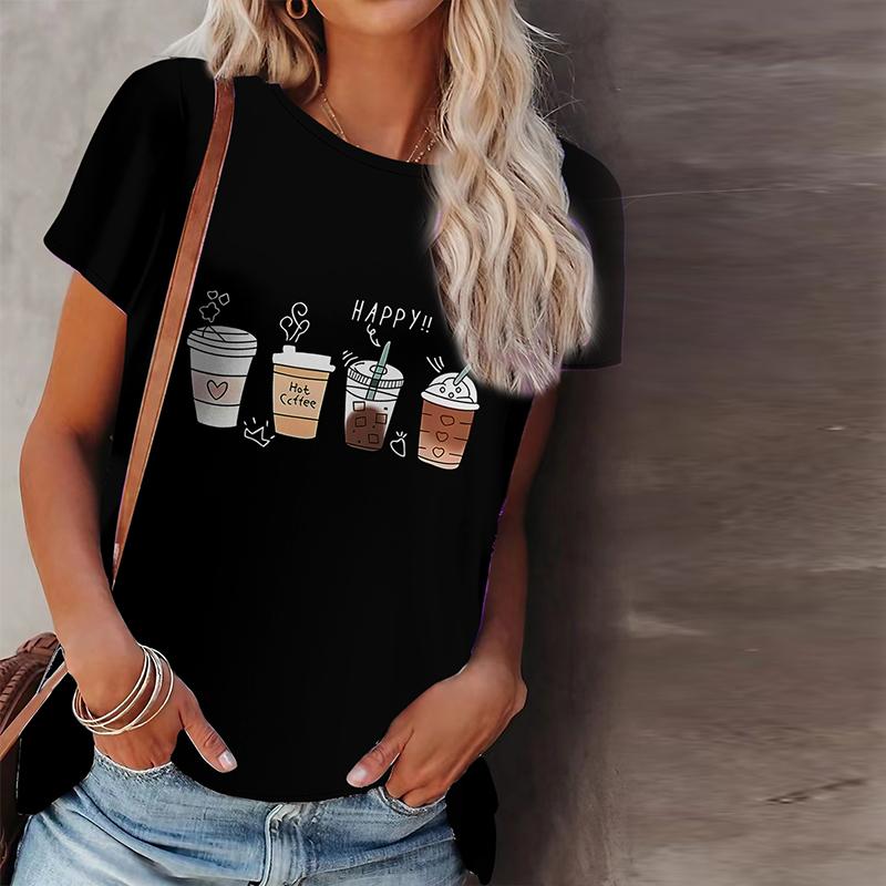 Dam Sommar T-shirt Kaffetryck Kortärmad T-shirts Casual Tryckta Toppar