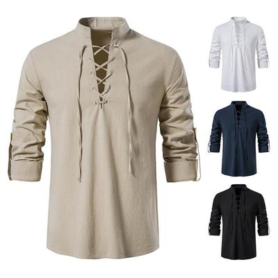 Men's V-neck Lace-up Long Sleeve Henley Shirt Solid Color Cotton and Linen Loose Casual Men's Stand-up Collar Shirt