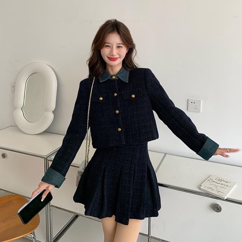 Women's Autumn Denim Patchwork Set: Black Jacket & Midi Skirt Two-Piece Set