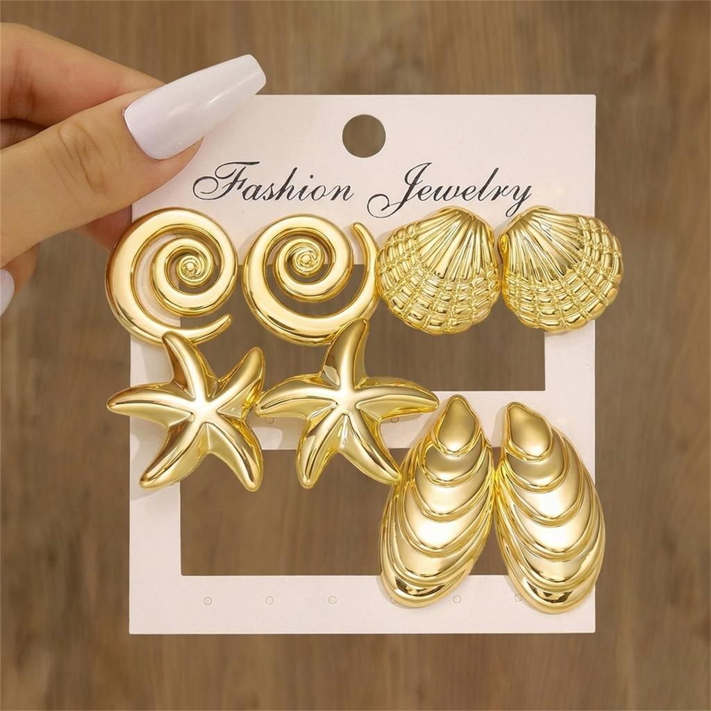 Vintage Gold Color Textured Starfish Shell Heart Stud Earrings Set For Women Chunky CCB Floral Earring Summer Aesthetic Jewelry