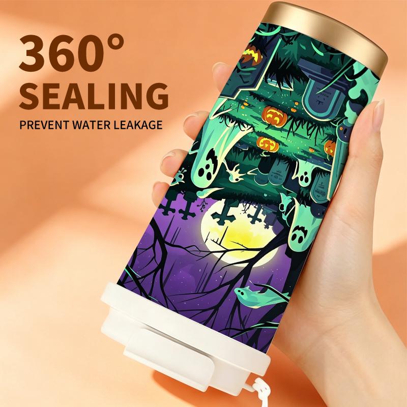 532ml Coffee Cup Halloween Moon Graveyard Ghost Tree Tombstone MotifPortable Thermos Carrier Strap Travel Cup Metal Travel Cup