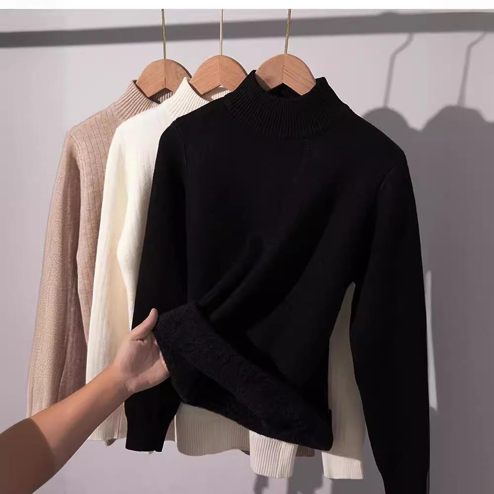 Thickened Semi High Neck Sweater with Fleece Pullover for Autumn and Winter To Keep Warm Knitted Sweater with Integrated Fleece Long Sleeved Sweater