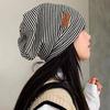 Striped leather label stack hat children ins confinement hat spring and autumn thin pullover knitted cold hat bald hat