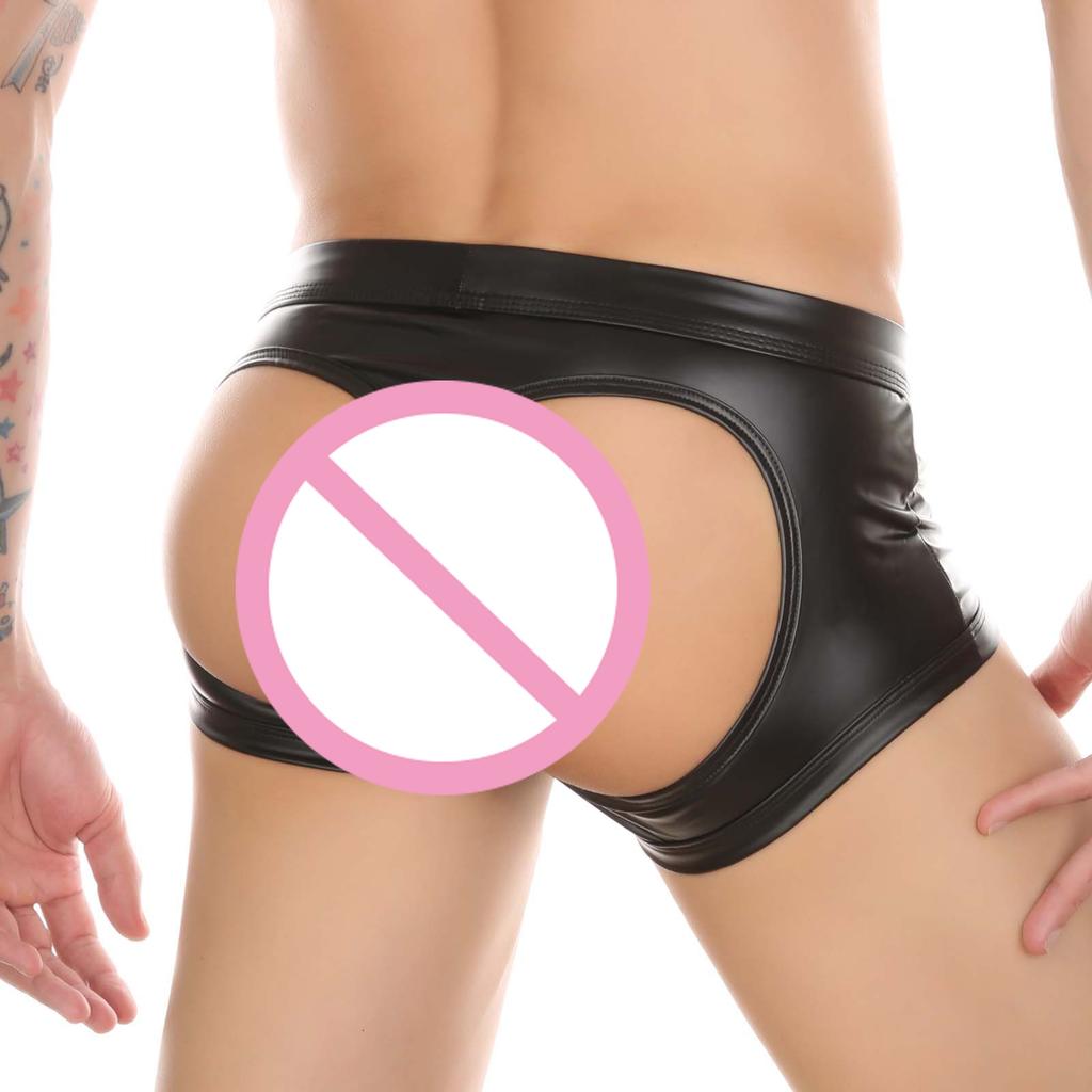 Men's Boxers Faux Leather Underwear Man Wet Look Sexy Panties Open Butt G String Underpants Buttocks Boxershorts Club