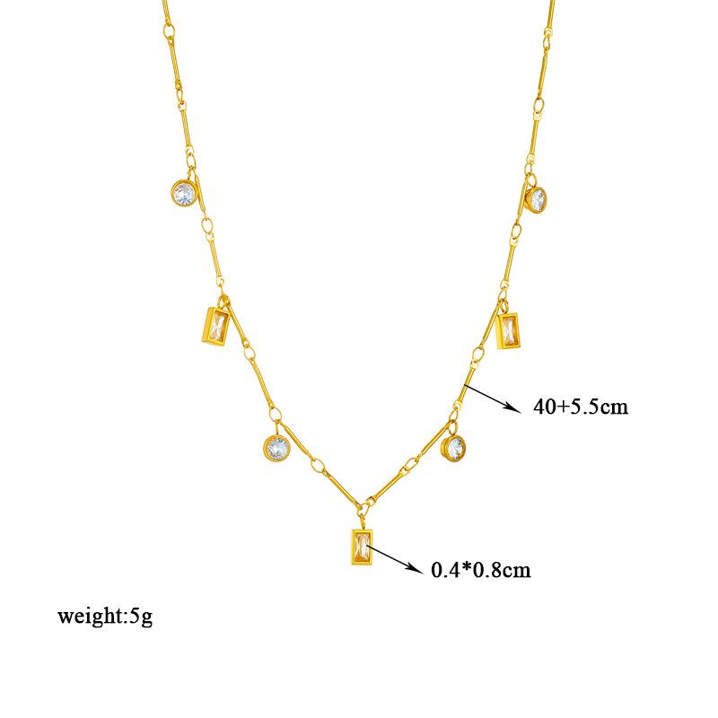 Luxury Gold-Tone Titanium Steel Necklace with Baguette-Cut Clear Crystals & Round Rhinestones – Elegant Dangle Chain Design