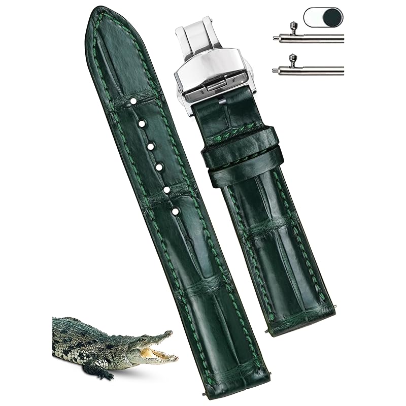 

[vinacreations] 21mm green crocodile watch strap D buckle men s Crocodile Replacement Watch Band Quick Release Spring Bar wrist silver With D buckle