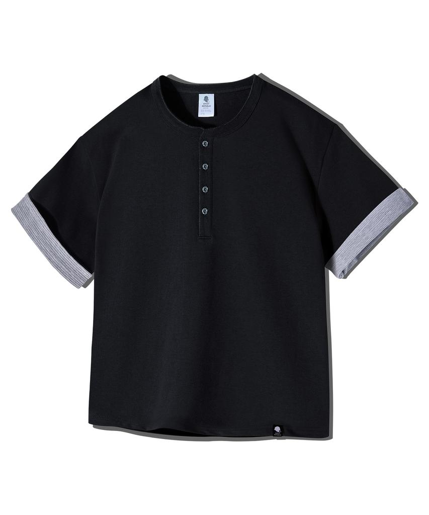 GHOST REPUBLIC Crop Stripe Color Block Roll-Up Henley Neck Short Sleeve Tee Gt-393_Black