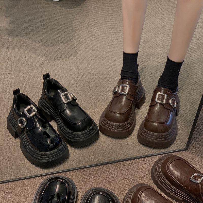 British Style Fashion Small Leather Shoes Platform Single Shoes Women's Metal Buckle Muffin Heightening Loafers 2025 New Autumn and Winter