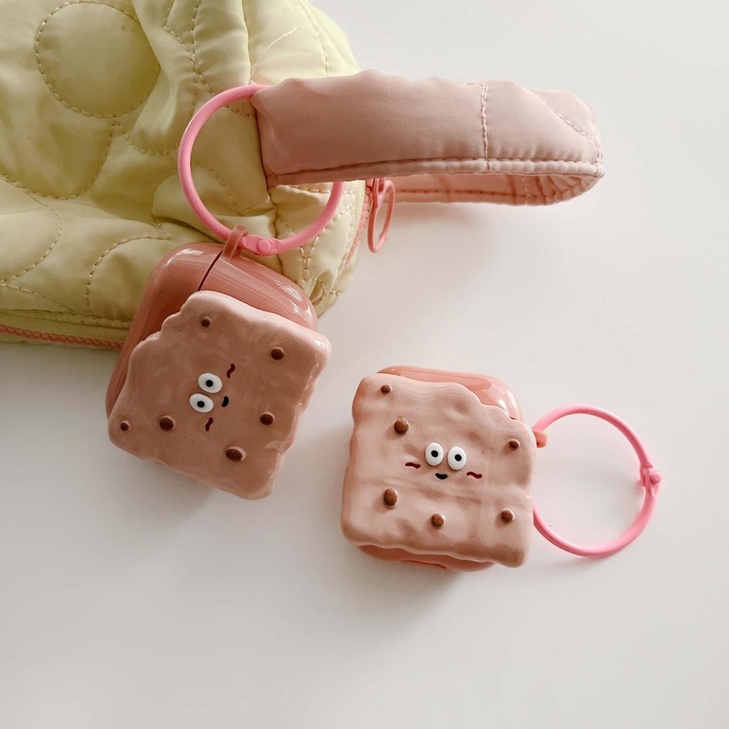 Ins Pink Biscuit Cartoon 3d Relif Round Keychain Earphone Case For Apple Airpod 2 3 Pro 2nd 1 Wireless Bluetooth Charging Box