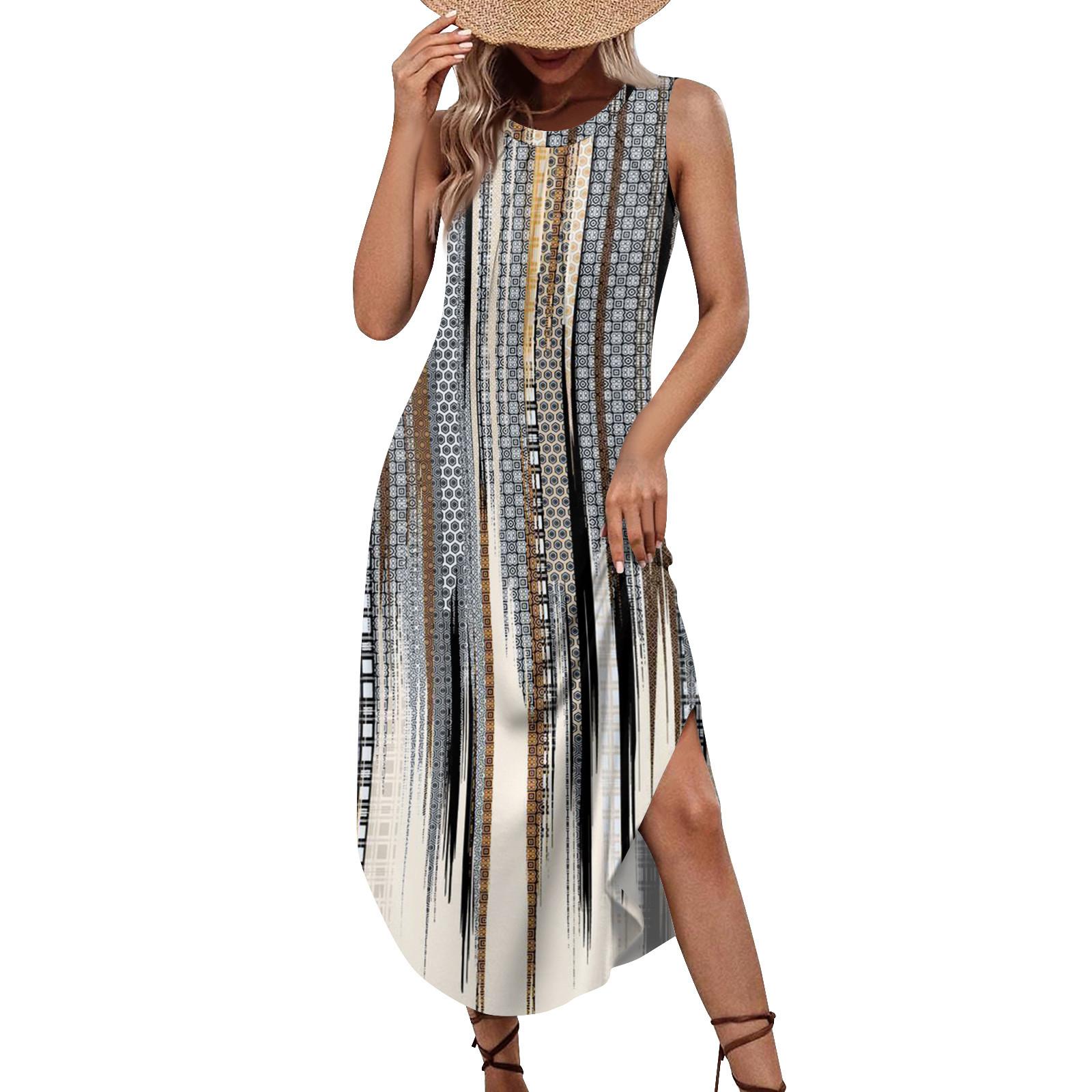 

Женские летние повседневные платья без рукавов с принтом и U-образным вырезом L бежевый