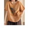 Women Summer Round Neck Short Sleeve Floral Vase Print Linen Cotton Casual Blouse