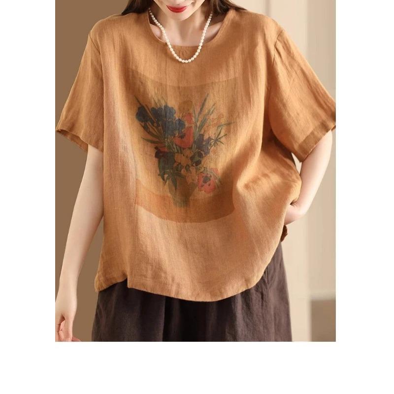 Women Summer Round Neck Short Sleeve Floral Vase Print Linen Cotton Casual Blouse