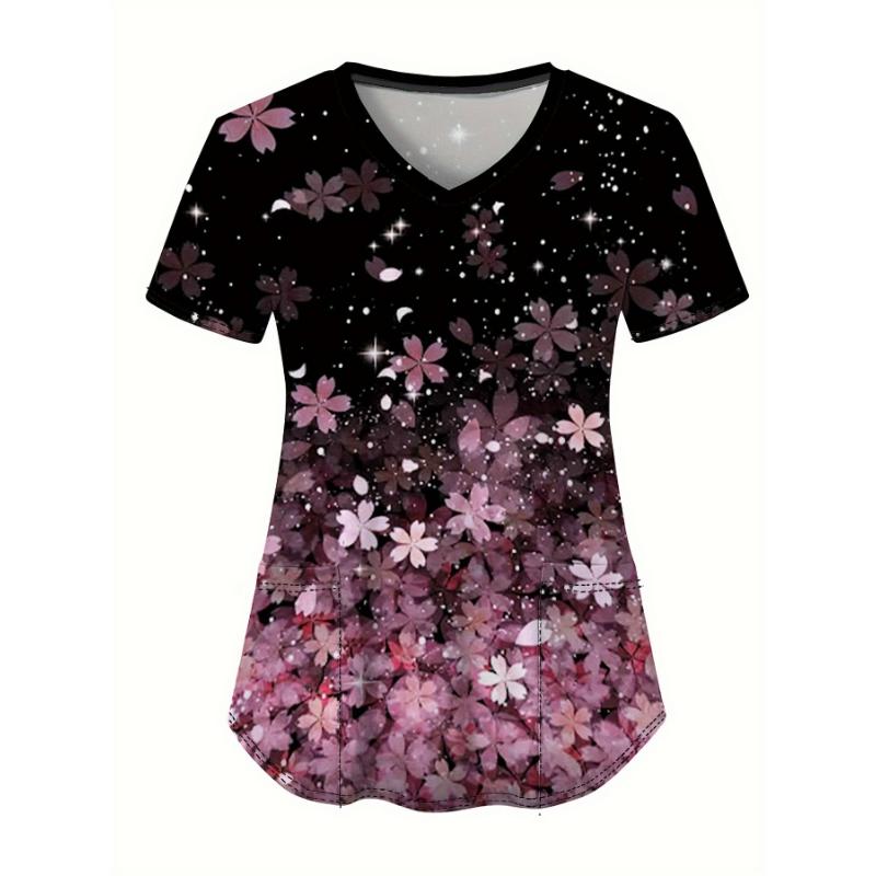 

Медицинская форма женская рабочая одежда топ-скраб V-образный вырез с двумя карманами с цветочным принтом с коротким рукавом медицинская униформа блуза 5XL