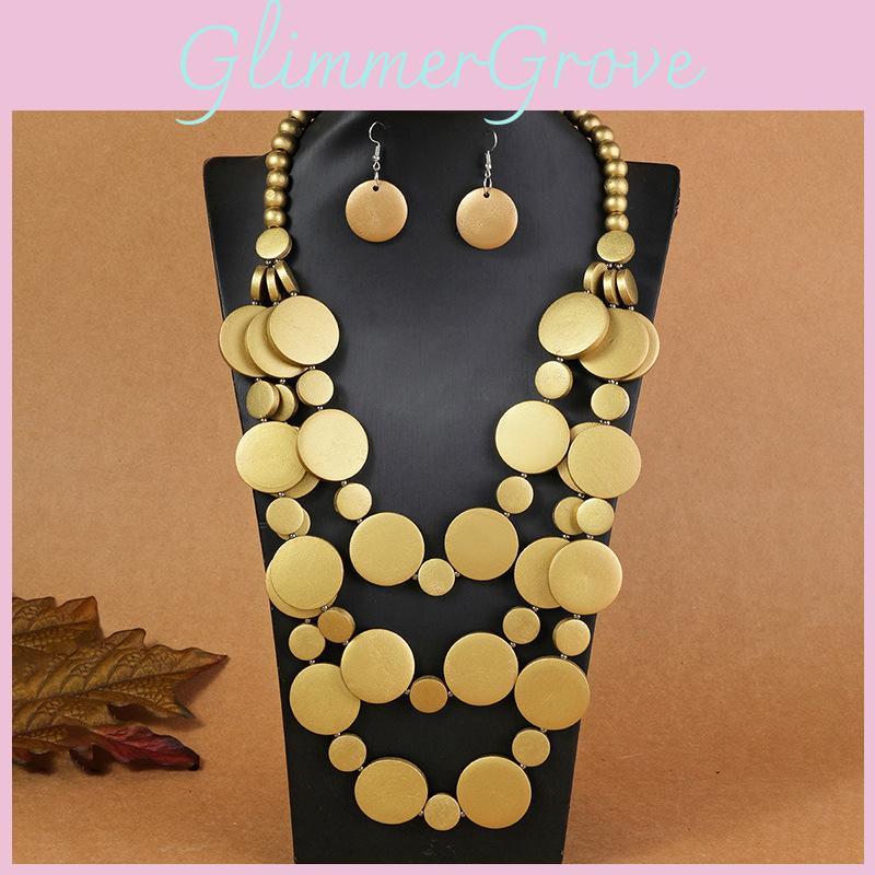 Handmade Boho Geometric Wood Bead Jewelry Set With Multilayer Pendant For Party Wear