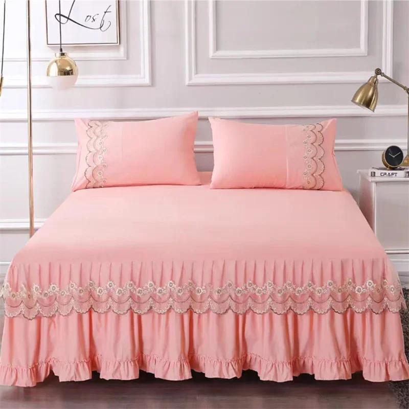 3pcs Bed Skirt Bedspread Pillowcase Ruffle Lace Anti Slip 1.8x2.0m Bed Cover Solid Colour Lace Mattress Dust Bedding Cover