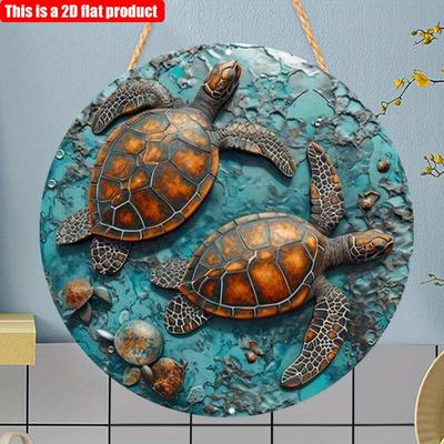 2D Flat 20*20cm1pc Sea Turtle Pattern Ocean Theme Round Hanging Sign, Beautiful Ocean Style Art Decorative Plate Suitable for Room&Bar Party Bathroom