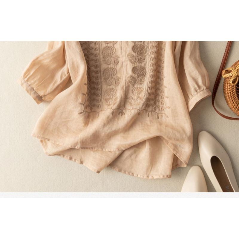 O Neck Embroidery Loose Women Blouse Solid Color Short Sleeve Casual Shirt Ladies Office Sweet Simple Elegant Fashion Tops Female Thin Clothing