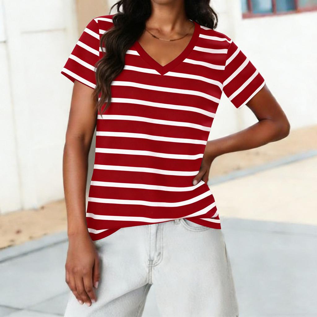 Ladies' Casual Fashion Striped Printed Short Sleeved Shirt