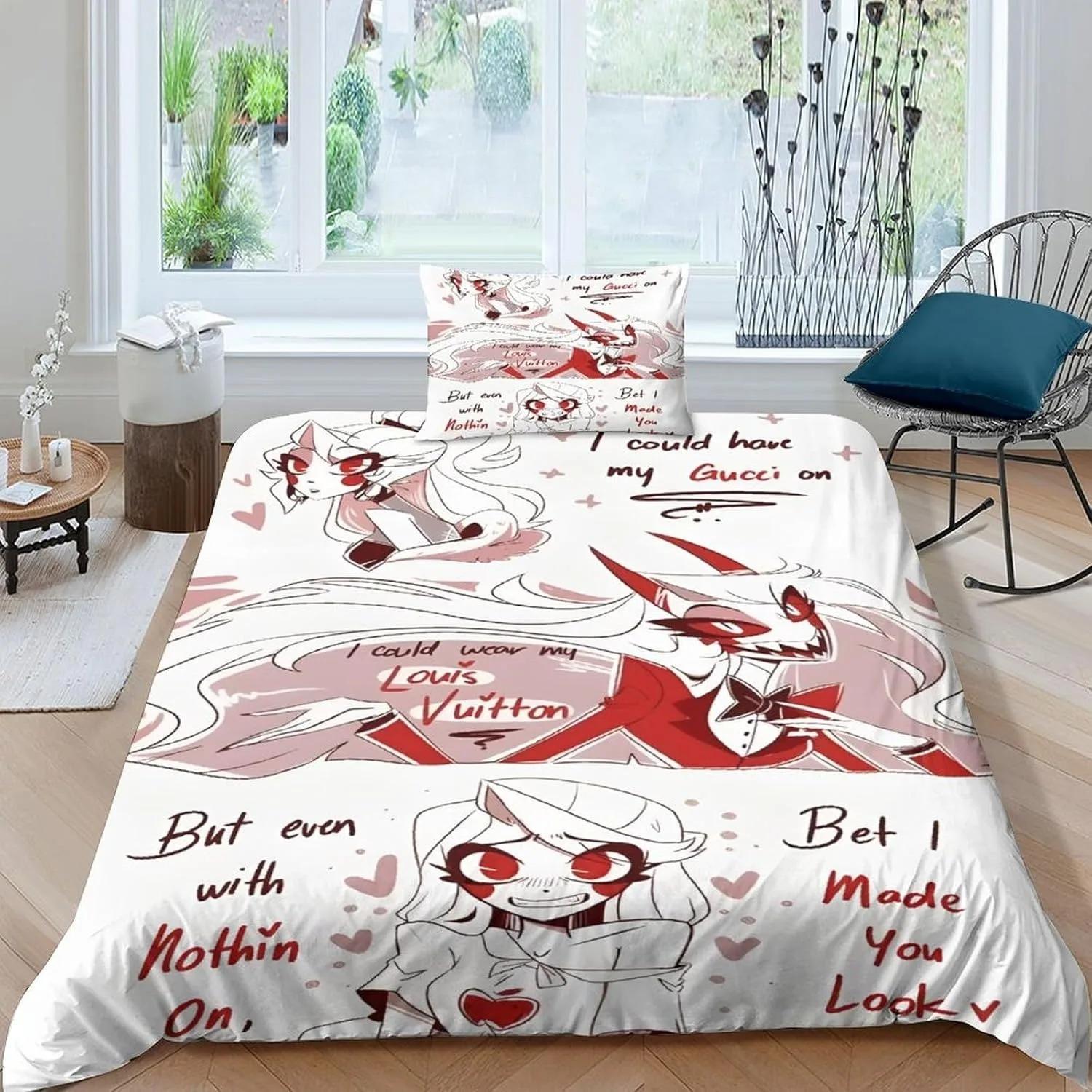 Ensemble de literie Hazbin Hotel 3D Exquis Ensemble de literie de jeu Housse de couette en duvet Taie d'oreiller Lit simple double Grand Deluxe Cadeau d'anniversaire 100x135cm (2pcs)