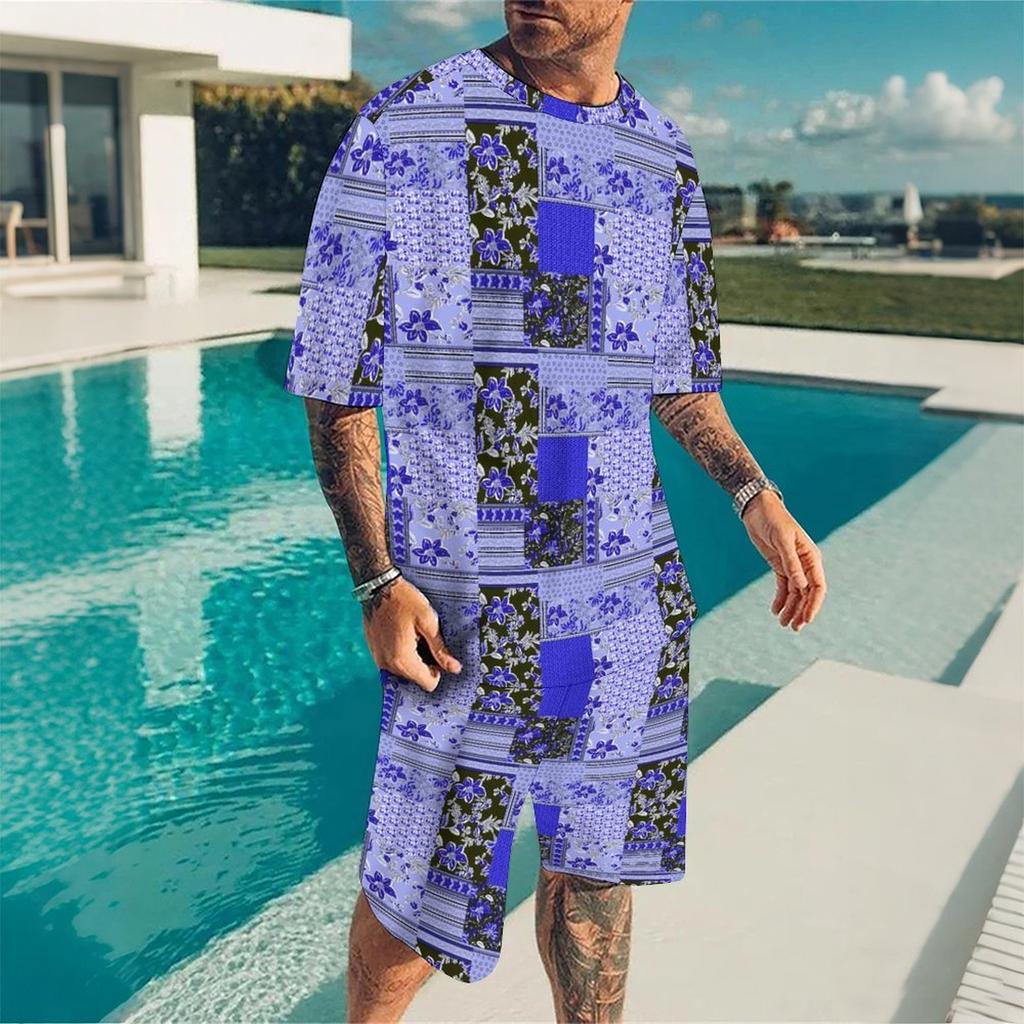 Herren 3D Seilgeflecht Muster Kurzarm T-Shirt und Passende Shorts Zweiteiliges Outfit