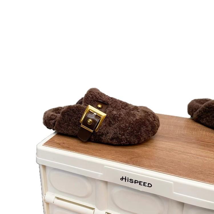 Internet celebrity baotou hairy half drag women's autumn new Korean version flat-bottomed casual outer wear women's slippers one foot lazy shoes