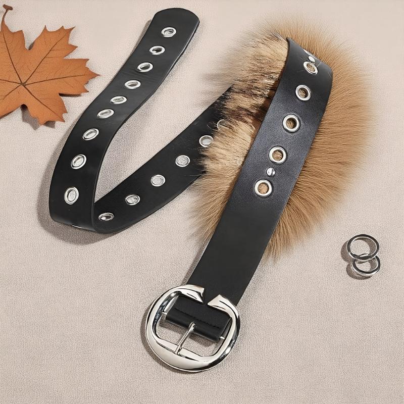 Punk Pu Leather Fur Belt Y2K Metal Studded Plush Waist Chain Faux Fur Belts Furry Sexy Vintage Waistband Hiphop Jeans Belt