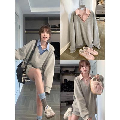 Lazy Contrasting Color Fake Two Pieces Retro Gray Sweater Women's Autumn Loose Design Niche Lo Shirt Top