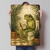 Frog Reading Flash Fiction On Toilet Tinplate Posters Customizable Wall Art Retro Vintage Metal Signs for Home Room Custom Plate