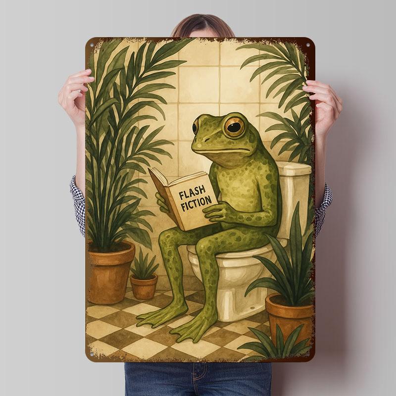 Frog Reading Flash Fiction On Toilet Tinplate Posters Customizable Wall Art Retro Vintage Metal Signs for Home Room Custom Plate