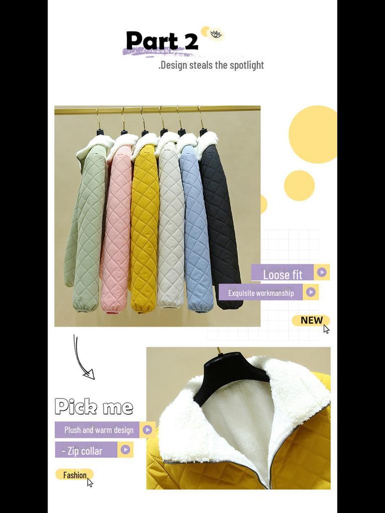 2024 Fall/Winter Women's Lambskin Cotton Coat - Stand-up Collar, Casual Loose Fit, Warm and Stylish Diamond Check Design.