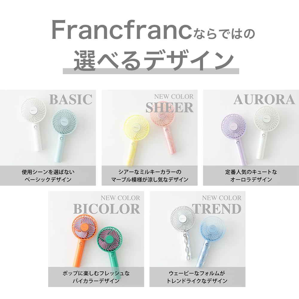 Francfranc Handy Fan Wave Blue Portable Fan with 5 Airflow Rechargeable USB Compatible [2025 Model] Settings, Battery, Charging, Type-C