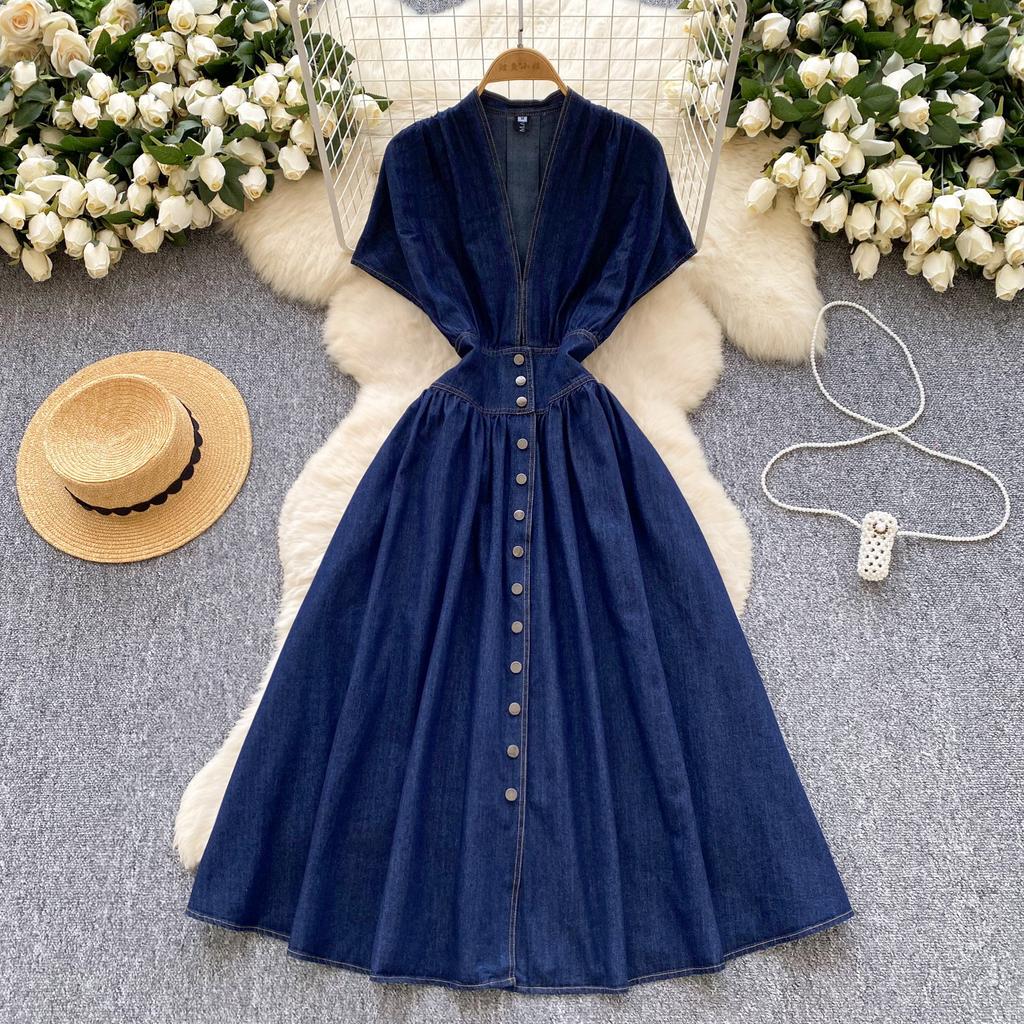 High-end women's dress summer high-end deep V-neck waist buckle slim-fitting pleated casual denim skirt