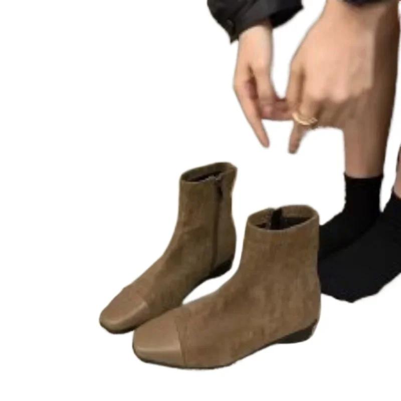 Square Toe Elegant Modern Boots Sewing Side Zip Winter 2024 High Quality Ladies Shoes Ankle Low Heel Solid Women's Boots