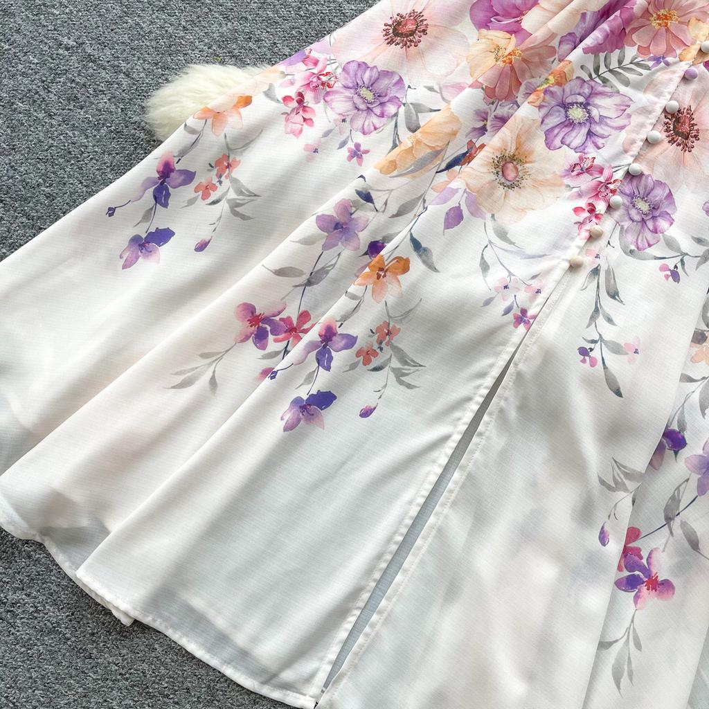 Spring/Summer Romantic Floral Print Stand-Up Collar Bell-Sleeve Slimming Party Dress for Women Elegant Single-breasted Maxi Dress with Belt