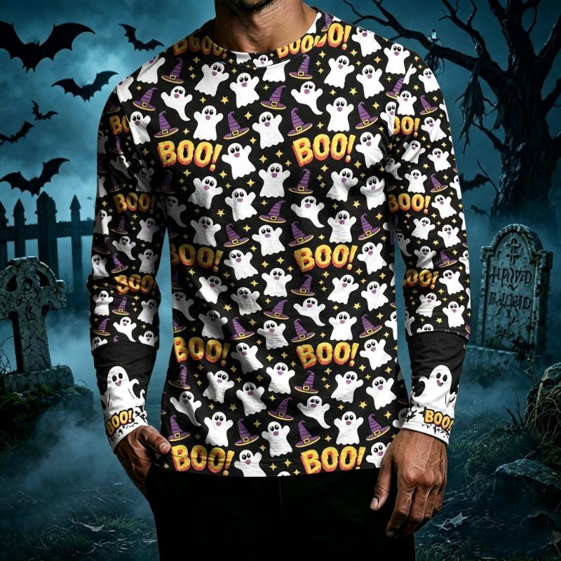 Men Halloween Long Sleeve T‑Shirt Cute Ghost Pumpkin Candy 3D All‑Over Print Crew Neck Casual Party Tees