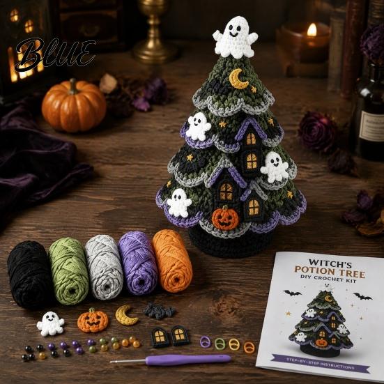 Jack O Lantern Crochet Material Halloween Tree Pack, DIY Yarn Craft Kit with Hooks And Step Beginner Friendly Tools by Guide, Creative Handmade