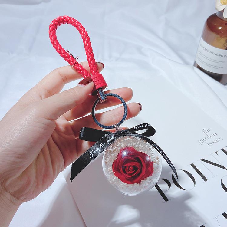 Stylish Women's Floral Keychain With Braided Rope Rose And Dried Flower Pendant