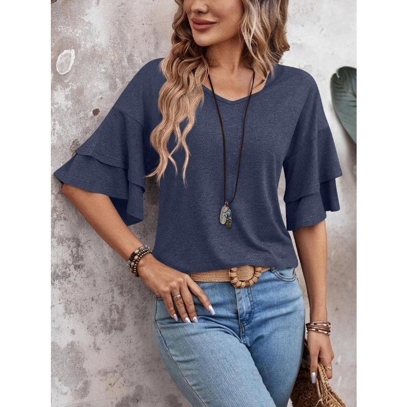 Summer New Solid Color V-neck Double-layer Sleeve Loose T-shirt Short-sleeved Women